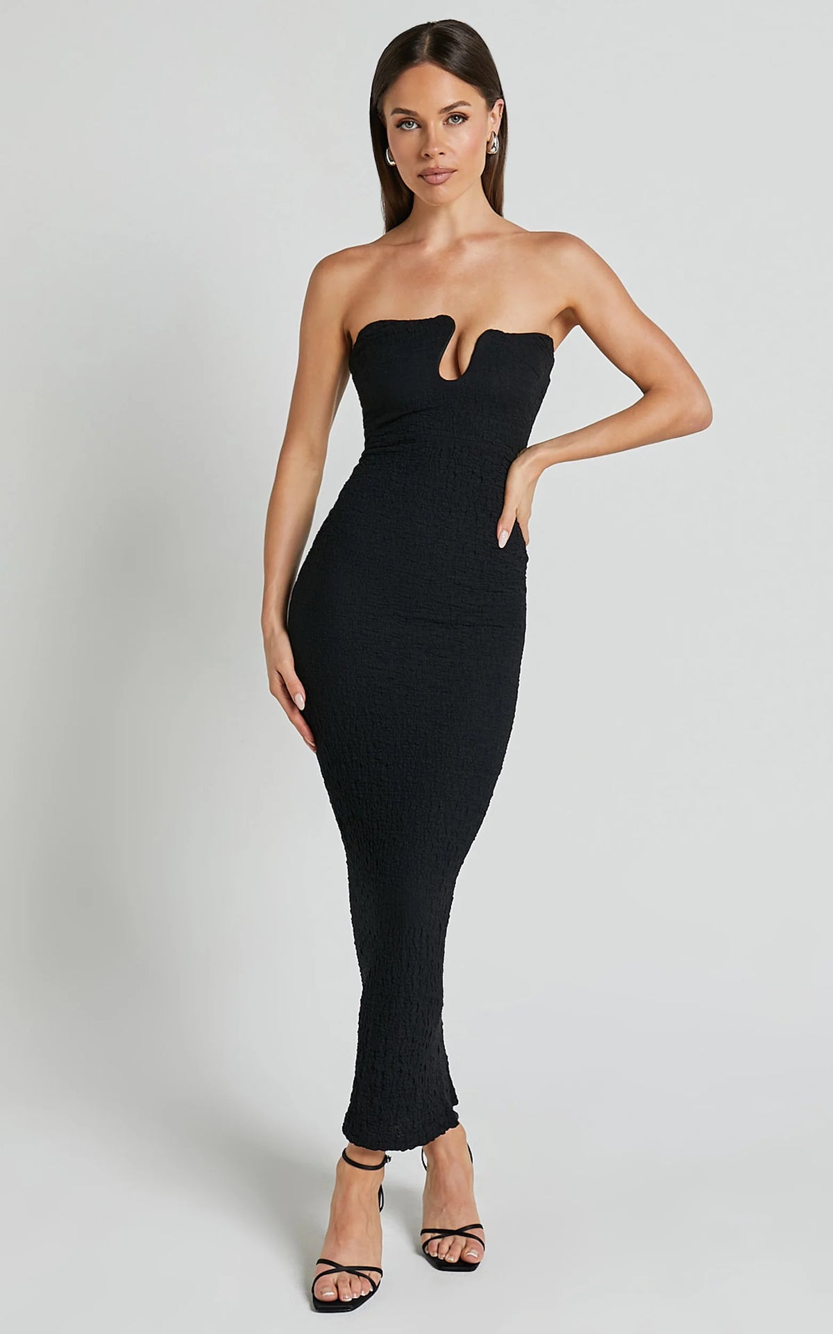 Alberta Midi Dress - Strapless bust detail textured dress in Black