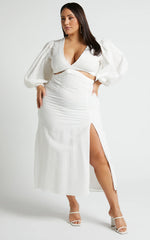 Miggy Midi Dress - Puff Sleeve Cut Out Split Dress in White