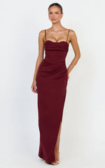 Zinnia Maxi Dress - Gathered Bust Side Split Dress in Wine