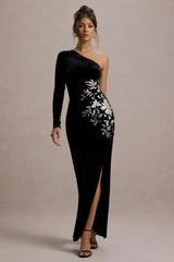 Chance | Black Embroidered Velvet One-Sleeve Maxi Dress