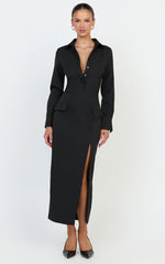 Henley Midi Dress - Long Sleeve Fitted Shirt Dress in Black