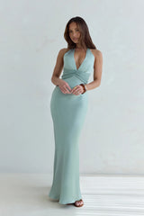 Destinations Halter Satin Maxi Dress Sage