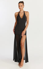 Lauren Maxi Dress - Plunge Halterneck High Split Dress in Black