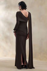Trisara | Brown Asymmetric-Neck Maxi Dress With Gathered-Detailing And Sash