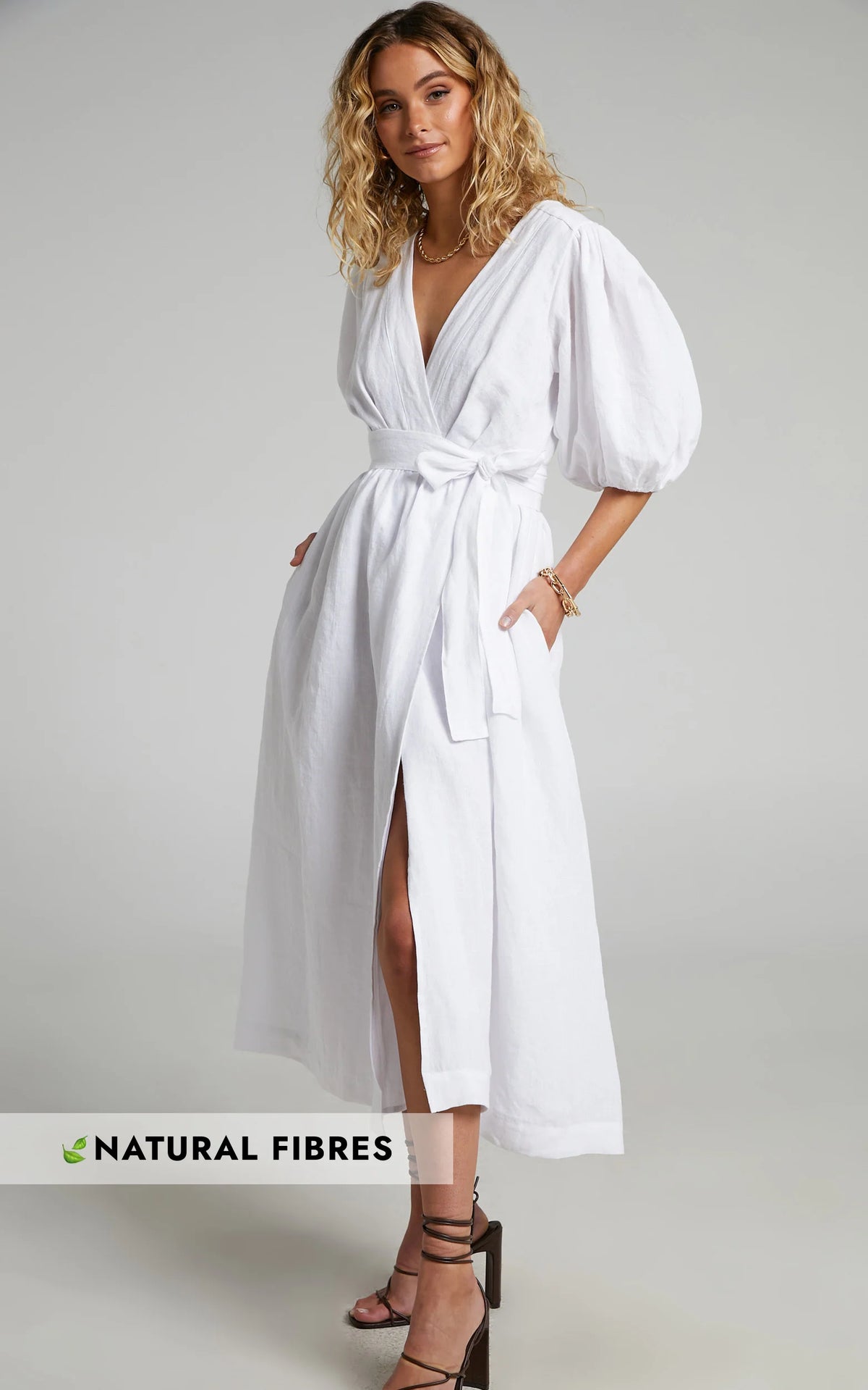 Amalie The Label - Franc Linen Puff Sleeve Wrap Midi Linen Dress - In White
