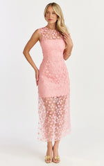 Hazel Midi Dress - 3D Flower Net Bodycon Dress in Pink