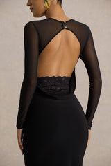 Bethan | Black Cowl-Neck Maxi Dress With Mesh Sleeves And Open-Back