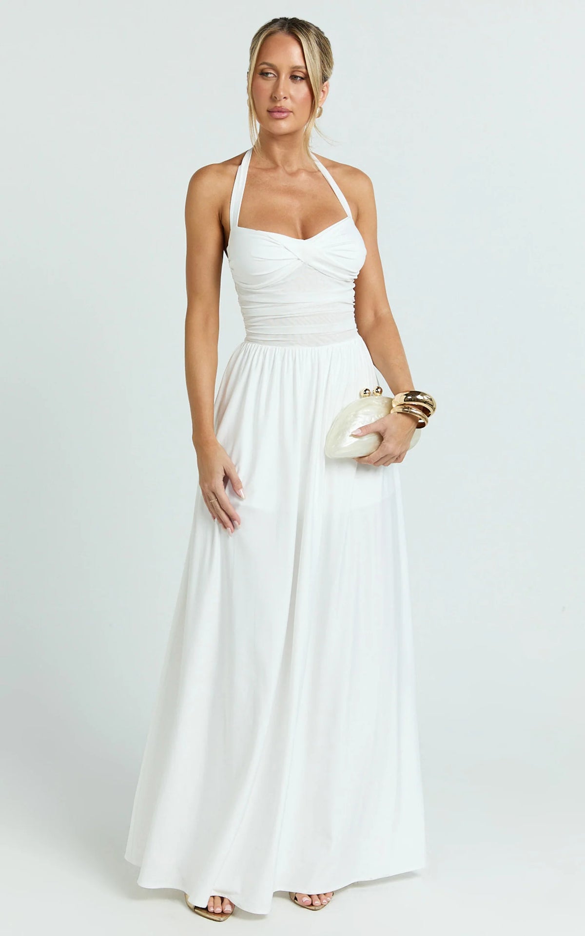Adelia Maxi Dress - Jersey Halter Contrast Dress in White