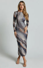 Zyra Midi Dress - High Neck Long Sleeve Mesh Dress in Tie Dye Print
